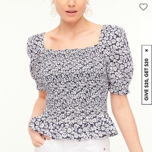 NWOT JCrew Factory Puff-sleeve smocked peplum top in antique navy